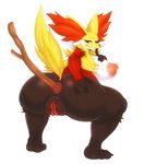  2017 anthro anus areola big_breasts breasts butt canine delphox female fur hi_res inner_ear_fluff looking_at_viewer mammal matospectoru nintendo nipples nude pok&eacute;mon pok&eacute;mon_(species) pussy red_eyes simple_background smile solo stick video_games white_background white_fur yellow_fur 