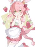  1girl absurdres animal_ear_fluff animal_ears artist_name back_bow bare_shoulders bow chinese_commentary closed_mouth commentary cowboy_shot double-parted_bangs food fruit fur-trimmed_shorts fur_trim green_background green_eyes hair_between_eyes hair_bow hands_on_own_cheeks hands_on_own_face highres looking_at_viewer maimai_(game) otarc outline pink_bow pink_hair pink_shirt rabbit_ears rabbit_girl ras_(maimai) red_shoes red_shorts shirt shoes short_hair shorts sleeveless sleeveless_shirt smile solo strawberry striped_bow thick_eyebrows thighhighs white_outline white_thighhighs 