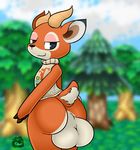  animal_crossing antelope anthro balls beau_(animal_crossing) big_balls big_butt black_eyes bottomless butt clothed clothing fur horn huge_balls insignia looking_at_viewer looking_back male mammal nintendo orange_fur puffdraws smile solo sweater tree video_games 