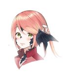  au_ra bangs black_horns blush cirina_mol closed_mouth commentary_request dragon_horns eyebrows_visible_through_hair final_fantasy final_fantasy_xiv flying_sweatdrops green_eyes hair_ribbon horns long_hair looking_at_viewer midorikawa_you red_shirt ribbon scales shirt simple_background solo white_background white_ribbon 