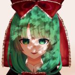  1girl bow commentary_request frilled_bow frilled_ribbon frills front_ponytail green_eyes green_hair hair_bow hair_ribbon highres kagiyama_hina looking_down parted_lips portrait red_bow red_ribbon ribbon solo touhou user_mumj5838 