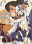  1boy 1girl aki_(korisumochi) animal_feet bird_legs bird_wings blue_eyes blue_hair blue_wings claw_pose claws commentary_request fangs feathered_wings full_body green_eyes hair_bun halloween halloween_costume harpy_boy hat highres hug jack-o'-lantern korisumochi lollipop_in_mouth looking_at_viewer monster_boy mummy_costume original pink_hair pumpkin shirt short_hair simple_background sitting string_of_flags striped_clothes striped_thighhighs talons thighhighs translation_request white_shirt wings witch witch_hat yellow_background yokozuwari yuzu_(korisumochi) 