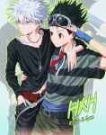  2boys alternate_costume arm_on_another's_shoulder belt black_belt black_hair black_pants black_shirt blue_eyes blue_gloves brown_eyes character_name closed_mouth collared_shirt commentary copyright_name cross cross_necklace ear_piercing earrings fingerless_gloves gloves goggles goggles_on_head gon_freecss green_outline green_pants grey_belt hand_on_another's_waist highres hunter_x_hunter jewelry killua_zoldyck loose_belt male_focus midriff_peek multiple_boys multiple_necklaces necklace necktie nnaa0_o outline pants piercing polka_dot red_necktie shirt short_hair twitter_username untranslatable_commentary white_hair zoom_layer 