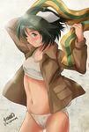  animal_ears artist_name bandaid bandaid_on_face black_eyes black_hair bra brave_witches brown_jacket dog_ears haruhata_mutsuki holding_scarf jacket kanno_naoe looking_at_viewer navel no_pants open_clothes open_jacket open_shirt panties scarf see-through shirt signature solo sports_bra standing striped striped_scarf twitter_username underwear wet wet_bra wet_clothes wet_panties white_background white_bra white_panties world_witches_series 