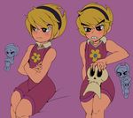  blonde_hair blush captain_kirb clenched_teeth collared_dress commentary crossed_arms d: dress frown grim_(grim_adventures) hairband holding_skull looking_at_another looking_away looking_down mandy multiple_views open_mouth purple_background purple_dress purple_eyes short_hair simple_background sitting skull teeth the_grim_adventures_of_billy_&amp;_mandy upper_body 