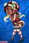  2017 absurd_res beauty_mark breasts cephalopod christmas cleavage clothed clothing dark_skin earmuffs female fingerless_gloves footwear full-length_portrait gloves green_hair hair hat hi_res high_heels holidays humanoid jewelry knock-kneed legwear marina_(splatoon) marine necklace nintendo not_furry octoling portrait revtilian santa_hat shoes signature smile solo splatoon sr stockings tentacle_hair tentacles thigh_highs video_games 