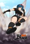  alternate_costume belt blue_hair boots breasts brown_eyes eyewear_on_head fingerless_gloves flying_kick glasses gloves highres kamen_rider kamen_rider_black kamen_rider_black_(series) kicking legs mahha_warabi may_lee short_hair shorts the_king_of_fighters thighs 