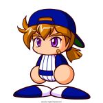  1boy artist_request bandaid bandaid_on_cheek bandaid_on_face baseball_cap baseball_uniform blue_hat blue_shirt blue_shoes brown_hair commentary_request hat ikari_susumu jikkyou_powerful_pro_yakyuu jikkyou_powerful_pro_yakyuu_(style) low_ponytail multicolored_shirt multicolored_shoes no_mouth official_art ponytail power_pro_appli purple_eyes rayman_limbs shirt shoes solo sportswear striped_clothes striped_shirt thick_eyebrows two-tone_shoes vertical-striped_clothes vertical-striped_shirt white_shirt white_shoes 