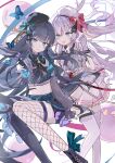  2girls :d absurdres arcaea asymmetrical_legwear bare_shoulders black_boots black_bow black_bowtie black_gloves black_hair black_hat black_shirt black_shorts black_thighhighs blue_butterfly blue_eyes blunt_bangs boots bow bowtie bug butterfly commentary crop_top cropped_shirt double_horizontal_stripe english_commentary feet_out_of_frame fishnet_thighhighs fishnets frilled_skirt frills gloves green_bow grey_gloves grey_hair hand_up hat hat_bow highres hikari_(arcaea) lace-up_boots long_hair mismatched_legwear multiple_girls open_mouth otarc plaid_bow red_bow shirt shorts simple_background skirt smile standing striped_clothes striped_skirt tairitsu_(arcaea) thighhighs white_background white_hat white_skirt white_thighhighs yellow_butterfly 