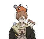  1boy ^_^ black_jacket blonde_streaks brown_eyes chainsaw_man character_request closed_eyes closed_mouth collarbone commentary copyright_request crossover drawstring empty_eyes fang holding holding_pokemon hood hood_down hoodie jacket jangwa_o male_focus multicolored_hair nervous_sweating on_head open_mouth orange_hair parted_bangs pochita_(chainsaw_man) pokemon pokemon_(creature) project_sekai rockruff shinonome_akito simple_background smile streaked_hair sweat tongue trembling untranslatable_commentary upper_body white_background yellow_hoodie 