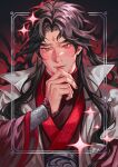  1boy black_background black_hair black_nails blush chinese_clothes closed_mouth coat collared_coat commentary crying crying_with_eyes_open curtained_hair facial_mark fingernails floating_hair forehead_mark furrowed_brow gradient_background hand_on_own_chin hanfu highres inset_border layered_sleeves long_hair long_sleeves looking_at_viewer luo_binghe male_focus nose_blush parted_bangs parted_hair popped_collar pout purple_hanfu red_background red_eyes red_trim renzha_fanpai_zijiu_xitong sharp_fingernails solo sparkle tears thick_eyebrows upper_body upturned_eyes verbartt wavy_hair white_coat wide_sleeves zuiyin 