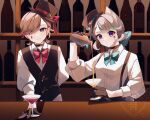  1boy 1girl absurdres animal_ears aqua_bow aqua_bowtie aqua_ribbon bartender black_gloves black_vest blonde_hair bottle bow bowtie breasts brown_hair brown_hat cat_ears closed_mouth commentary_request cup drinking_glass facial_mark genshin_impact glass gloves hat highres holding holding_bottle long_sleeves looking_at_viewer lynette_(genshin_impact) lyney_(genshin_impact) medium_breasts nekorin_chu pink_bow pink_bowtie purple_eyes red_ribbon ribbon shirt short_hair smile teardrop_facial_mark top_hat vest white_shirt wine_glass 