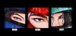  3girls black_eyeshadow brown_eyes character_name commentary eye_focus eyeshadow freckles helmet highres kpop_demon_hunters looking_at_viewer makeup mira_(kpop_demon_hunters) multiple_girls pink_eyeshadow purple_eyeshadow rumi_(kpop_demon_hunters) yyhttiiaf zoey_(kpop_demon_hunters) 