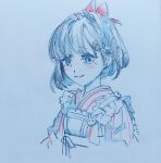  1girl apron bob_cut bow brown_hair closed_mouth colored_pencil_(medium) commentary_request emu_(bleudoux_r) frilled_apron frills graphite_(medium) hair_bow highres japanese_clothes kimono maid pink_kimono pinstripe_kimono pinstripe_pattern rabbit_ornament red_bow reverse:1999 satsuki_(reverse:1999) short_hair smile solo striped_clothes striped_kimono traditional_media upper_body vertical-striped_clothes vertical-striped_kimono wa_maid 