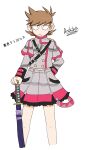  1boy antenna_hair arm_behind_back artist_name black_eyes brown_hair buttons character_name color_connection commentary_request cosplay cropped_legs crossdressing crossdressing_(mtf) double-breasted eddsworld flipped_hair grey_jacket grey_skirt hair_ears highres jacket jitome kanoko_(frow_kanoko) kasane_teto kasane_teto_(cosplay) kasane_teto_(sv) katana long_sleeves looking_at_viewer male_focus red_trim short_hair shoulder_belt shoulder_boards simple_background skirt sleeve_cuffs slit_pupils solo standing striped_clothes striped_jacket striped_skirt sword synthesizer_v toon_(style) tord_(eddsworld) translated utau weapon white_background 