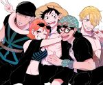  1girl 4boys abs bandana bare_shoulders belt black_bandana black_hair black_pants black_shirt blonde_hair blush bracelet breasts cigarette cleavage commentary_request crop_top devil_fruit_power earrings elasticity extendable_limbs eyewear_on_head feet_out_of_frame glasses green_hair hat highres hug jewelry long_nose looking_at_viewer medium_breasts midriff mike_(tomatomato244) monkey_d._luffy multiple_boys nami_(one_piece) navel necklace official_alternate_costume one_eye_closed one_piece open_clothes open_mouth open_shirt orange_hair pants parted_lips roronoa_zoro sanji_(one_piece) scar scar_on_cheek scar_on_face shirt short_hair straw_hat straw_hat_pirates sunglasses sweatdrop usopp v white_background 