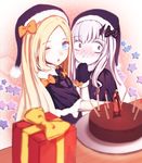  abigail_williams_(fate/grand_order) bags_under_eyes bangs bbci black_bow black_dress black_hat blonde_hair blue_eyes blush bow box cake commentary_request dress fate/grand_order fate_(series) food gift gift_box hair_bow hat horn lavinia_whateley_(fate/grand_order) long_hair long_sleeves looking_at_viewer multiple_girls one_eye_closed orange_bow polka_dot polka_dot_bow white_hair 