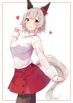  1girl animal_ears belt blush bow breasts casual commentary_request curren_chan_(casual)_(umamusume) curren_chan_(umamusume) ear_bow ear_covers fishnet_pantyhose fishnets grey_hair heart heart_necklace highres horse_ears horse_girl horse_tail jewelry long_sleeves looking_at_viewer medium_breasts motsutoko necklace pantyhose parted_lips purple_eyes red_belt red_bow red_skirt shirt short_hair simple_background skirt smile solo sweater tail umamusume white_sweater 