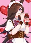  1girl animal_ears apron balloon blush bow box box_of_chocolates breasts brown_hair brown_wrist_cuffs commentary_request flipped_hair hair_over_one_eye heart heart-shaped_gem heart_balloon highres holding holding_box horse_ears horse_girl horse_tail long_hair looking_at_viewer maid maid_apron maid_headdress neru_ika puffy_short_sleeves puffy_sleeves purple_eyes rice_shower_(umamusume) shirt short_sleeves skirt small_breasts solo striped_bow tail umamusume white_apron white_headdress white_shirt wrist_cuffs 