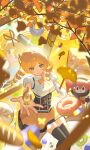  1girl absurdres black_thighhighs blonde_hair blurry blurry_foreground charlotte_(madoka_magica) commentary crying crying_with_eyes_open donut drill_hair food ginkgo_leaf ginkgo_tree highres holding leaf mahou_shoujo_madoka_magica mahou_shoujo_madoka_magica_(anime) medium_hair multiple_views sitting skirt soul_gem streaming_tears tears thighhighs tomoe_mami twin_drills user_huya4745 yellow_eyes yellow_skirt 