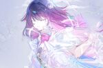  1girl aiiro arm_ribbon black_hair closed_eyes columbina_(genshin_impact) commentary_request dress eye_mask genshin_impact gradient_hair hair_intakes hair_ribbon highres long_hair mask multicolored_hair pink_hair purple_hair ribbon ripples solo streaked_hair two-tone_hair upper_body white_dress white_ribbon 