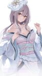  1girl breasts cleavage commentary_request flower goddess_of_victory:_nikke grey_hair hairband highres japanese_clothes kimono large_breasts long_hair looking_at_viewer off_shoulder official_alternate_costume red_eyes scarlet_(black_shadow)_(longing_flower)_(nikke) scarlet_(nikke) solo weapon white_background white_kimono yorugami_rei 