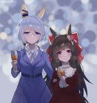  2girls animal_ears blue_coat blue_eyes blue_hair blush bow braid breasts brown_hair closed_mouth coat commentary_request cup daiichi_ruby_(umamusume) dress drill_hair drill_sidelocks drinking_glass ear_covers ear_flower flower hair_between_eyes hair_bow hair_ornament highres holding holding_cup horse_ears horse_girl horse_tail k.s.miracle_(umamusume) long_hair long_sleeves looking_at_viewer multiple_girls purple_eyes red_bow red_dress saramiao-chan shirt short_hair side_drill sidelocks smile tail twin_drills umamusume white_shirt wine_glass 