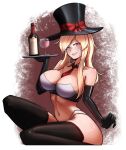  1girl alcohol bandage_on_cheek black_thighhighs blonde_hair blue_eyes bottle commentary cup drinking_glass elbow_gloves english_commentary glasses gloves grin hat highres latex latex_gloves long_hair looking_at_viewer necktie new_year original red_wine smile solo thighhighs thong top_hat wine wine_bottle wine_glass yimie10 