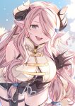  1girl absurdres bare_shoulders black_gloves black_horns blue_eyes braid breasts commentary english_commentary gloves granblue_fantasy hair_over_one_eye highres horns large_breasts looking_at_viewer narmaya_(granblue_fantasy) one_eye_covered open_mouth pointy_ears smile solo teeth upper_teeth_only wanderstillart 