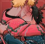  2boys alternate_costume antlers artist_name black_hair blonde_hair blush christmas_sweater commentary english_commentary facial_mark fake_antlers french_kiss horns kiss male_focus multiple_boys naruto_(series) red_background reindeer_antlers short_hair simple_background themidnights0ng uchiha_sasuke uzumaki_naruto whisker_markings yaoi 
