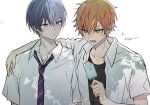  2boys aoyagi_touya arm_around_shoulder black_shirt blue_eyes blue_hair brown_eyes collared_shirt commentary crew_neck diagonal-striped_clothes diagonal-striped_necktie earrings food highres holding holding_food holding_popsicle jangwa_o jewelry kamiyama_high_school_uniform_(project_sekai) looking_at_another multicolored_hair multicolored_necktie multiple_boys necktie open_clothes open_collar open_mouth open_shirt orange_hair parted_bangs piercing popsicle project_sekai school_uniform shinonome_akito shirt short_sleeves sideways_glance split-color_hair striped_clothes stud_earrings summer_uniform sweat untranslatable_commentary upper_body white_background white_shirt wing_collar 