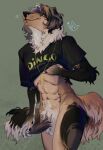 anthro canid canine canis clothing crop_top cross demon dingo domestic_dog fur genitals half-length_portrait hi_res male mammal masturbation nude penis portrait shirt smile smiley_face smirk smirking_at_another smirking_at_partner solo topwear wolf