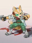  1boy animal_ears black_gloves claws english_commentary fingerless_gloves fox_boy fox_ears fox_mccloud fox_tail furry furry_male gloves green_shirt gun hectliter highres holding holding_gun holding_weapon jacket looking_to_the_side male_focus pawpads scouter shirt smile star_fox tail weapon white_jacket 