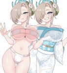  asuna_(blue_archive) blonde_hair blue_archive blue_eyes blue_halo blue_kimono blush breast_press breasts commentary_request flower fundoshi hair_bun hair_flower hair_ornament halo highres japanese_clothes kimono korean_commentary large_breasts mago_cats pale_skin parted_bangs petals single_side_bun smile 