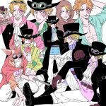  1boy apple ascot belt belt_buckle black_boots black_coat black_hat black_vest blonde_hair blue_shirt boots brown_gloves buckle cape coat collarbone commentary_request crossed_arms food fruit gloves goggles goggles_on_headwear green_shirt grin hat helmet highres holding holding_food holding_fruit hood long_sleeves male_focus mike_(tomatomato244) monkey_d._luffy multiple_views official_alternate_costume one_piece open_clothes open_coat orange_shirt pants pectorals pink_shirt red_cape sabo_(one_piece) scar scar_on_face shirt short_hair sitting smile sunglasses sweatdrop vest wanted_poster white_ascot white_pants wing_collar 