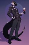 2024 absurd_res anthro black_clothing black_fingers black_suit black_suit_jacket button_(fastener) clothed clothed_anthro clothed_male clothing container cuffs_(clothing) cup digital_drawing_(artwork) digital_media_(artwork) dress_shoes drinking_glass featureless_face footwear glass glass_container glass_cup hand_on_hip hi_res holding_glass holding_object light lighting long_tail male multicolored_head necktie pockets robot_anthro screen screen_face shaded shadow shoes signature slacks solo standing suit suit_jacket tail torou white_collared_shirt wine_glass