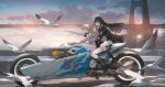  2girls arm_cutout black_hair black_jacket black_shoes black_skirt black_socks blonde_hair breasts bridge chisa_(wuthering_waves) clothing_cutout commentary_request evening headphones headphones_around_neck highres jacket long_sleeves lynae_(wuthering_waves) medium_breasts motor_vehicle motorcycle multiple_girls multiple_riders outdoors p.mume partial_commentary red_eyes revision shirt shoes skirt socks tacet_mark_(wuthering_waves) thigh_strap white_shirt wuthering_waves 