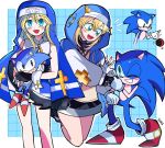  2boys androgyne_symbol animal animal_ears aqua_eyes bike_shorts black_eyes black_gloves black_nose blonde_hair blue_fur blue_jacket blue_veil blue_vest blush_stickers bridget_(guilty_gear) classic_sonic cowboy_shot cross cross_print crossover fingerless_gloves floating full_body gloves green_eyes grid_background guilty_gear guilty_gear_strive guilty_gear_xx guimpe hair_between_eyes hedgehog highres holding holding_animal hood hooded_jacket hoodie index_finger_raised jacket kumakumaoii latin_cross long_sleeves looking_at_another looking_at_object looking_at_viewer mars_symbol medium_hair messy_hair miniskirt multiple_boys multiple_views neck_ribbon nun_headdress one_eye_closed open_clothes open_hoodie open_mouth pleated_skirt red_shoes ribbon shirt shoes skirt sleeveless sleeveless_shirt smile snout sonic_(series) sonic_the_hedgehog sonic_the_hedgehog_(classic) teeth trap two-sided_veil upper_teeth_only veil vest white_gloves white_trim white_wrist_cuffs wrist_cuffs yellow_ribbon yo-yo zipper_pull_tab 