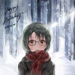  black_hair blush chan1moon commentary dated glasses happy_birthday highres idolmaster idolmaster_million_live! long_hair looking_at_viewer open_mouth red_eyes scarf sketch smile solo takayama_sayoko 