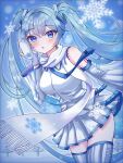  1girl absurdres ahoge arm_tattoo blue_eyes blue_hair blue_necktie blue_trim blush collarbone commentary_request detached_sleeves grey_skirt hair_between_eyes hair_ornament hatsune_miku headphones highres long_hair looking_at_viewer maarin_(59567861) mittens necktie number_tattoo official_alternate_costume open_mouth pleated_skirt scarf shirt skirt sleeveless sleeveless_shirt snowflake_print snowflakes solo tattoo tie_clip twintails upper_body vocaloid white_mittens white_scarf white_shirt wide_sleeves yuki_miku yuki_miku_(2011) 