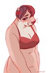  2017 anthro belly big_breasts biped blush bottomless bra breasts brown_eyes brown_fur brown_hair brown_nose brown_tail cheek_tuft cleavage clothed clothing convenient_censorship countershade_face countershade_torso countershading daisy_(pigburger) digital_drawing_(artwork) digital_media_(artwork) female fur hair half-closed_eyes half-length_portrait looking_away looking_down mammal mature_female multicolored_fur mustelid navel otter pigburger portrait short_hair shy simple_background slightly_chubby smile solo standing tan_countershading tan_fur tuft two_tone_fur underwear whiskers white_background 