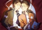  2boys belt black_gloves black_jacket bomber_jacket book buzz_cut character_request cigarette commentary disco_elysium dual_persona forehead-to-forehead glasses gloves hair_slicked_back heads_together highres holding holding_book holding_cigarette holding_pen jacket jidianfan kim_kitsuragi looking_at_another male_focus multiple_boys open_book orange_gloves orange_jacket pen round_eyewear shirt shirt_tucked_in short_hair smoke smoke_trail talking untranslatable_commentary very_short_hair white_shirt 