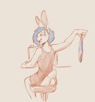 anthro artist_collaboration biped blue_hair bottomless butt clothed clothing computer disnomia dominant dominant_female electronics female female_anthro flashing_butt gaming hair hi_res holding_clothing holding_object holding_panties holding_underwear kat_(disnomia) lagomorph leporid looking_at_viewer mammal no_underwear nyxapnea panties rabbit rear_view shirt sitting sketch tank_top teasing topwear underwear
