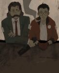  2boys black_hair blazer bomber_jacket bottle brown_hair cigarette collared_shirt disco_elysium facial_hair glasses gloves green_jacket harry_du_bois holding holding_bottle jacket jidianfan kim_kitsuragi looking_at_another male_focus multiple_boys mutton_chops necktie orange_gloves orange_jacket own_hands_clasped own_hands_together red_necktie round_eyewear shirt short_hair smoking upper_body white_shirt 