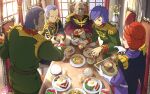  1girl 4boys arms_on_table bald black_capelet black_eyes black_jacket blush bowl breakfast brown_eyes brown_hair capelet chair cherry_tomato closed_eyes closed_mouth commentary_request cross_scar cup dated degwin_sodo_zabi dozle_zabi drinking_glass epaulettes flower food fried_egg fruit garma_zabi gihren_zabi glasses gloves green_jacket grin gundam highres holding holding_bowl holding_tray indoors jacket juice kiwi_(fruit) kiwi_slice kycilia_zabi long_sleeves military_jacket military_uniform miso_soup mobile_suit_gundam_the_origin mosuke_2 multiple_boys old old_man on_chair open_mouth orange_juice plate purple_hair purple_jacket red_jacket rice salad sausage scar scar_on_face scrambled_egg short_hair shoulder_spikes sideways_mouth sitting smile spikes strawberry tea tomato tray vase very_short_hair white_flower white_gloves yunomi zeon 