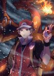  1boy absurdres backpack bag baseball_cap behind_another black_shirt blizzard bright_pupils brown_eyes brown_hair charizard claws commentary_request dark_background dragon english_commentary expressionless fangs fire flame-tipped_tail glowing hair_flaps hand_up hat highres holding holding_poke_ball looking_at_viewer male_focus mixed-language_commentary parted_lips partial_commentary poke_ball poke_ball_(basic) pokemon pokemon_(creature) pokemon_frlg pokemon_hgss popped_collar red_(pokemon) red_hat red_vest shirt short_hair short_sleeves snowing t-shirt tail upper_body variant_set very_short_hair vest vs_seeker w western_dragon wristband yellow_bag yellow_pupils yuki_nagisaa zipper 
