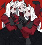  3girls animal_ears belt_buckle black_gloves black_necktie black_pants black_tail black_vest bone_nigi breasts buckle cerberus_(helltaker) closed_mouth commentary_request dated demon_girl demon_tail dog_ears dog_girl girl_sandwich gloves grabbing_another's_breast groping helltaker highres large_breasts long_hair long_sleeves looking_at_viewer multiple_girls necktie one_eye_closed pants parted_bangs red_eyes sandwiched siblings signature sisters tail triplets vest white_hair 
