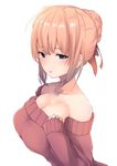  :p absurdres alternate_costume bare_shoulders blonde_hair blue_eyes breasts cleavage dyson_(edaokunnsaikouya) eyebrows_visible_through_hair fate/extra fate_(series) hair_bun hair_ribbon highres large_breasts long_hair looking_at_viewer looking_to_the_side nero_claudius_(fate) nero_claudius_(fate)_(all) red_ribbon ribbon simple_background solo sweater tongue tongue_out white_background 