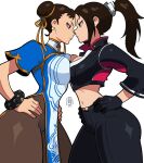  2girls akiman_pose black_gloves black_pants bracelet breast_contest breast_press breasts brown_eyes brown_hair brown_pantyhose chinese_clothes chun-li cleavage confident confrontation crop_top cropped_jacket crossover double_bun eye_contact face-to-face faceoff fatal_fury fatal_fury:_city_of_the_wolves gloves hair_bun hands_on_own_hips highres jewelry looking_at_another midriff motoyui multiple_girls noses_touching pants pantyhose rivalry shiranui_mai signature simple_background stomach street_fighter street_fighter_6 sumishimi symmetrical_docking thick_thighs thighs tight_clothes tight_pants trait_connection v-shaped_eyebrows 