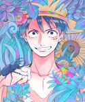  1boy beetle black_hair bug collarbone commentary_request cross_scar flower grin hat highres leaf looking_at_viewer male_focus mike_(tomatomato244) monkey_d._luffy one_piece open_clothes open_vest red_flower scar scar_on_cheek scar_on_chest scar_on_face short_hair smile solo straight-on straw_hat sunflower upper_body vest 